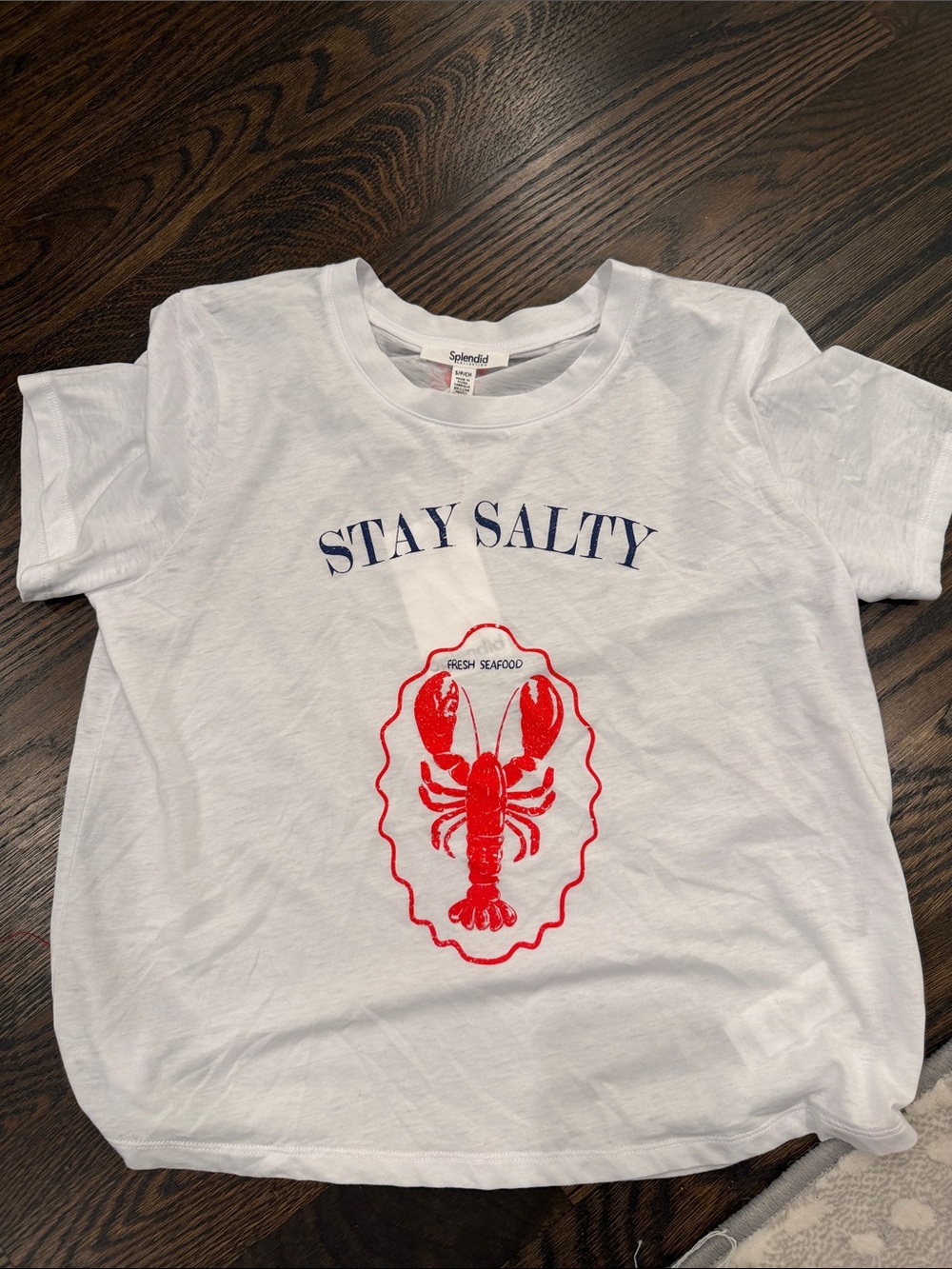 Splendid White Tee with Navy "Stay Salty" and Red Lobster